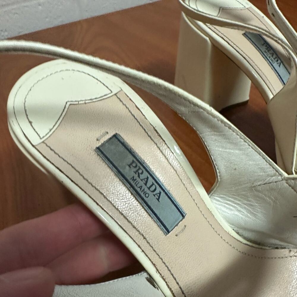 Prada Off White Patent Leather Mary Jane Slingback Block Heel Pumps Size 37.5 - Picture 13 of 16
